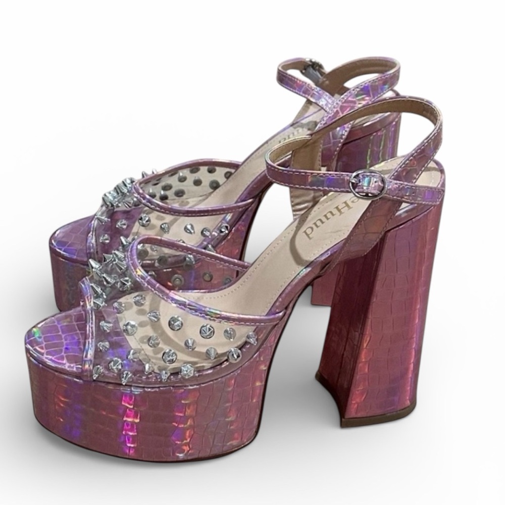 Barbie Pink Platform Heels Spiked Holographic Rave Festival Club Shoes Women’s